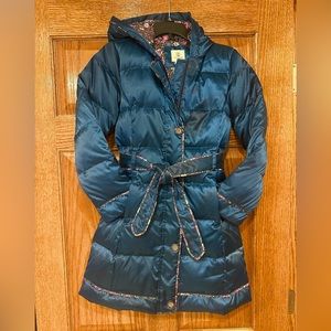 Girls 7/8 Lands End, down filled coat. Dark teal exterior, floral lining.
